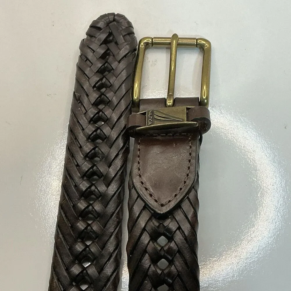 Vintage Nautica Belt Braided/Woven Brown Leather Solid Brass Buckle Size 40